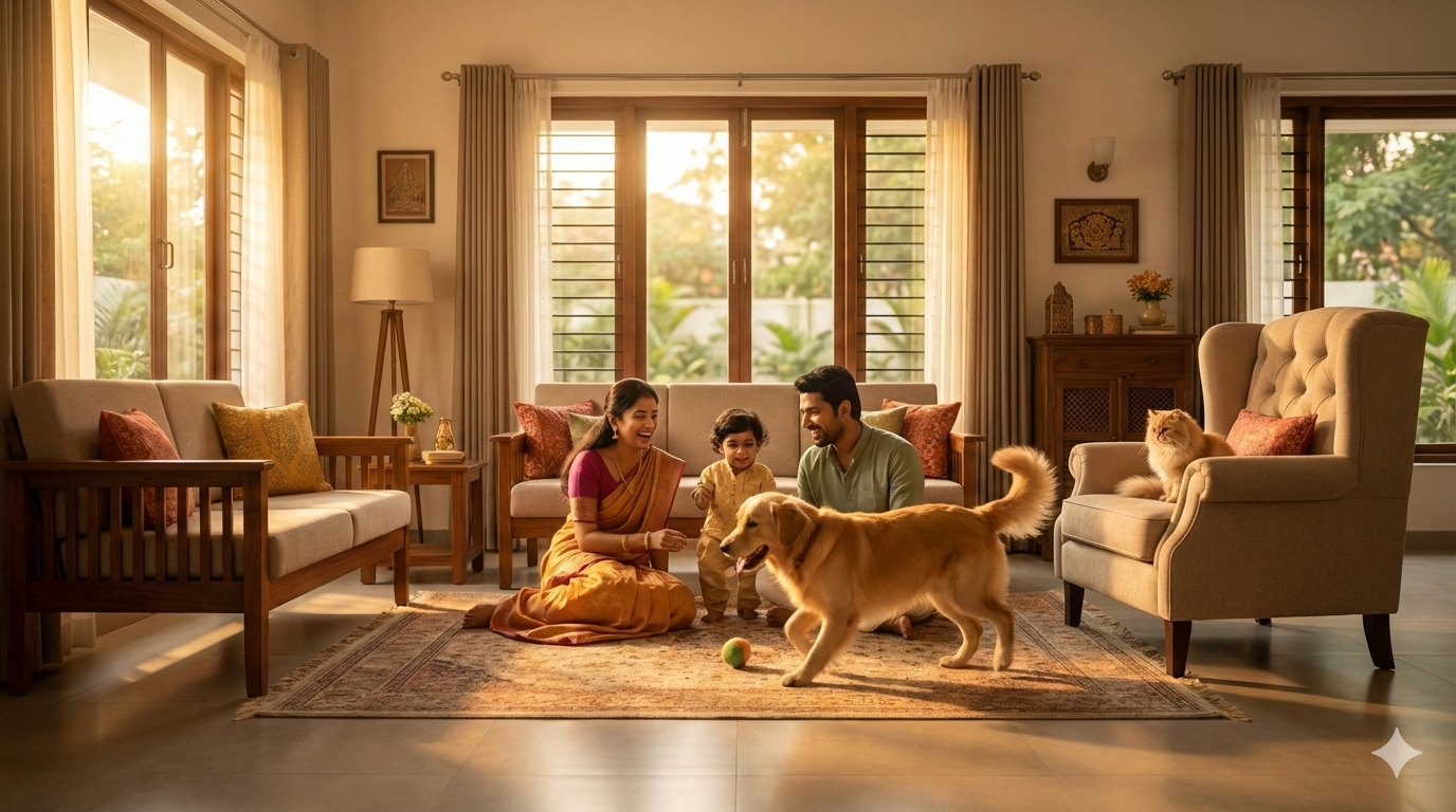 Happy family with pets